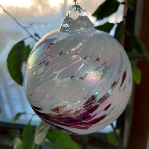 Hanging Glass Ball 4" Diameter Frosted White AB with Purple Swoosh 19HB3 - Picture 1 of 2